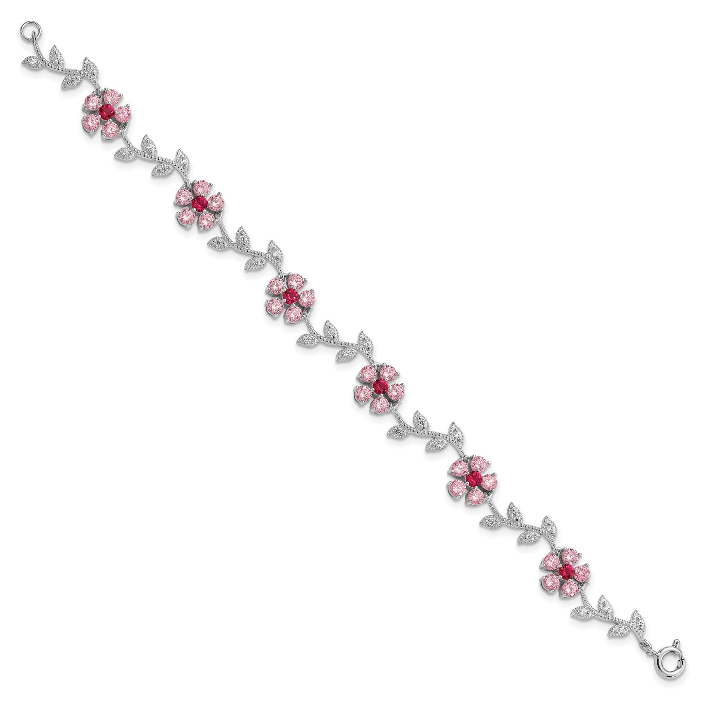 Sterling Silver Rhod-plated 7.5in Pink and Clear CZ Flower Bracelet