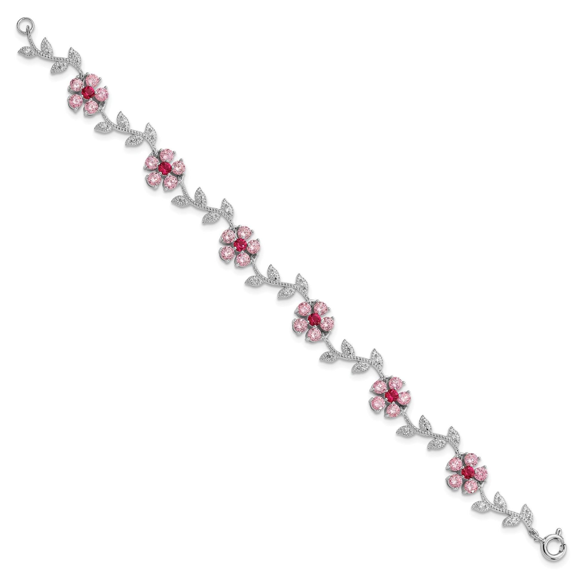Sterling Silver Rhod-plated 7.5in Pink and Clear CZ Flower Bracelet