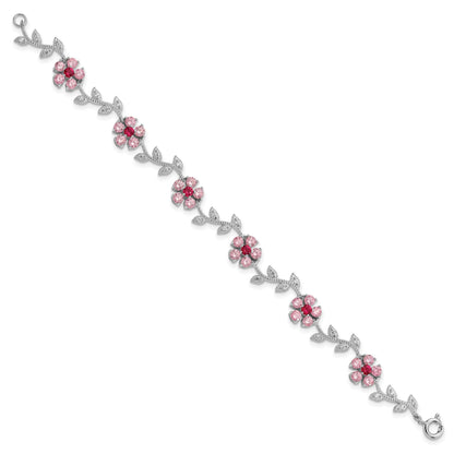 Sterling Silver Rhod-plated 7.5in Pink and Clear CZ Flower Bracelet