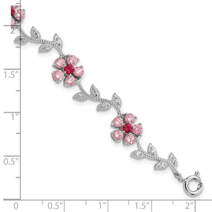 Sterling Silver Rhod-plated 7.5in Pink and Clear CZ Flower Bracelet