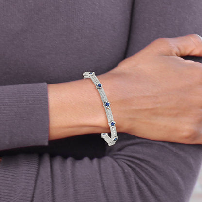Sterling Silver Rhodium-plated Blue Glass and CZ 7.75 inch Bracelet