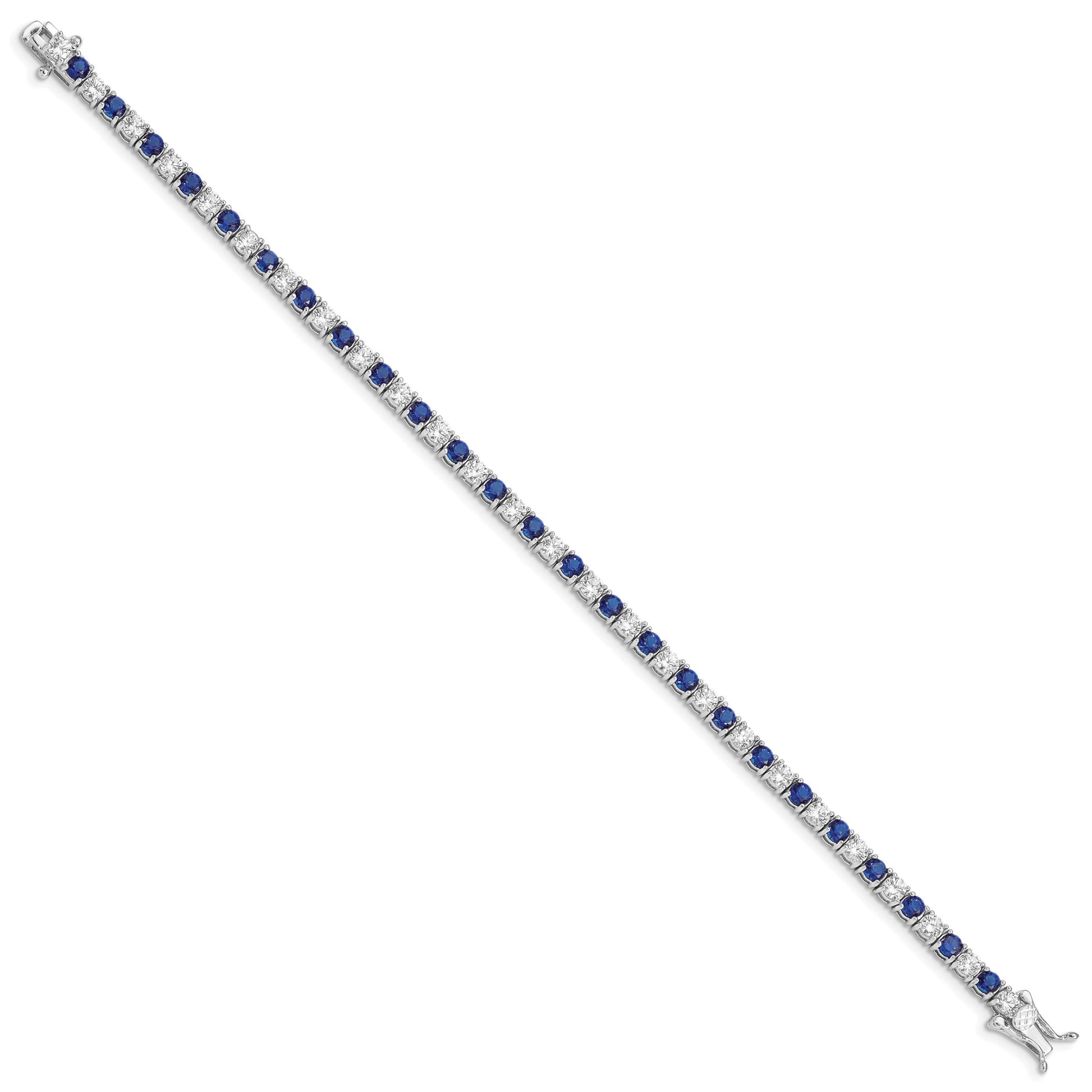 Sterling Silver Rhodium-plated Blue Glass and CZ 7 inch Bracelet