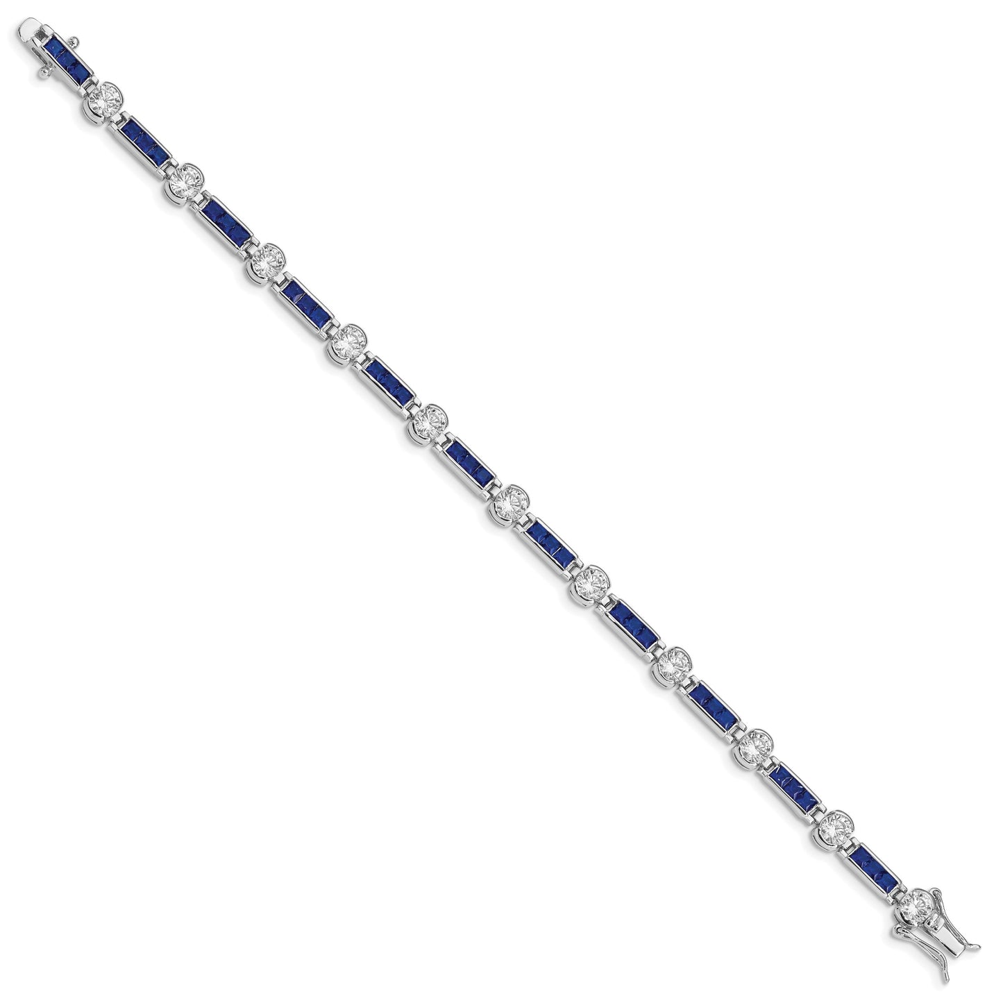Sterling Silver Rhodium-plated Blue Glass and CZ 7.5 inch Bracelet