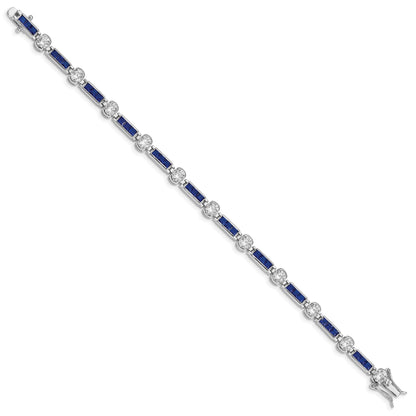 Sterling Silver Rhodium-plated Blue Glass and CZ 7.5 inch Bracelet