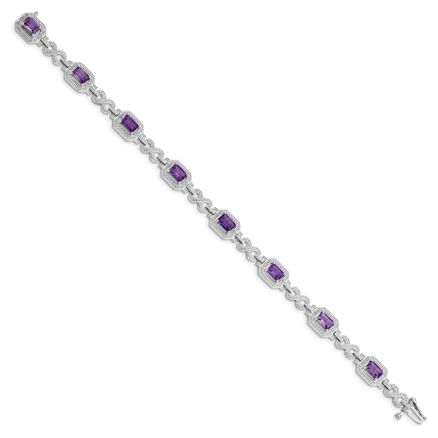 Sterling Silver Rhodium-plated Diamond & Amethyst Bracelet
