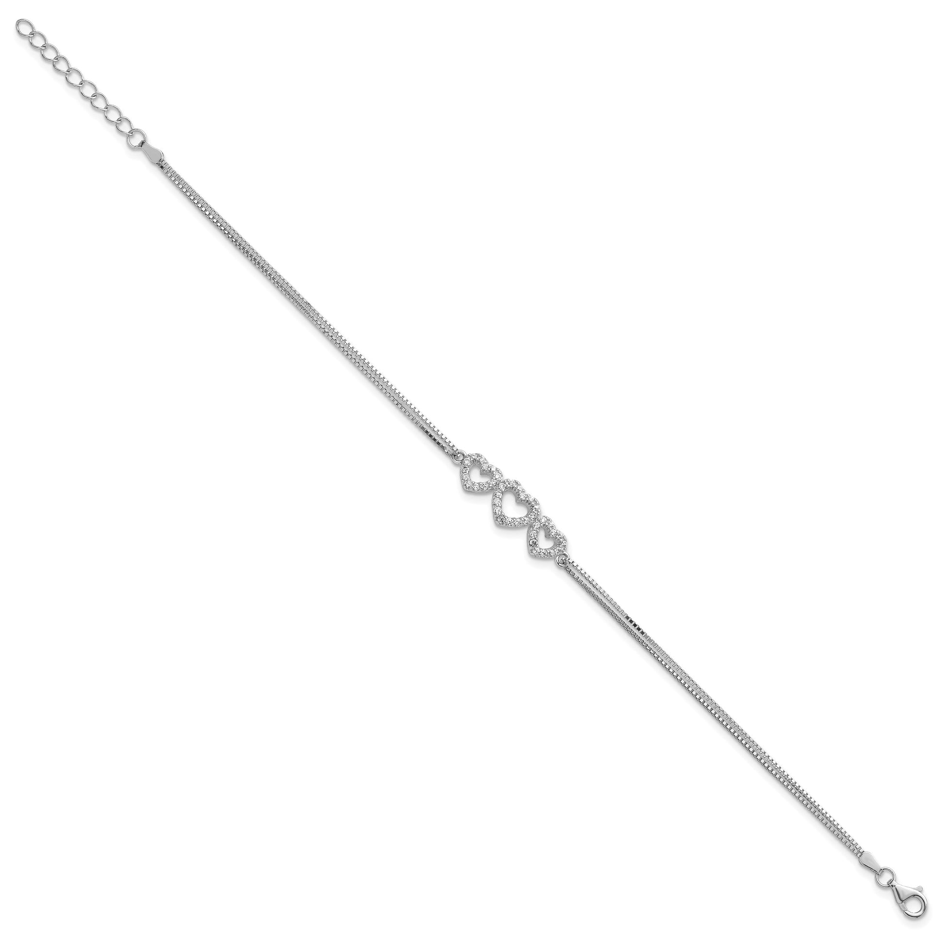 Sterling Silver Rhodium-plated Polished Three Linked CZ Open Hearts 7 inch Bracelet with 1 inch extension