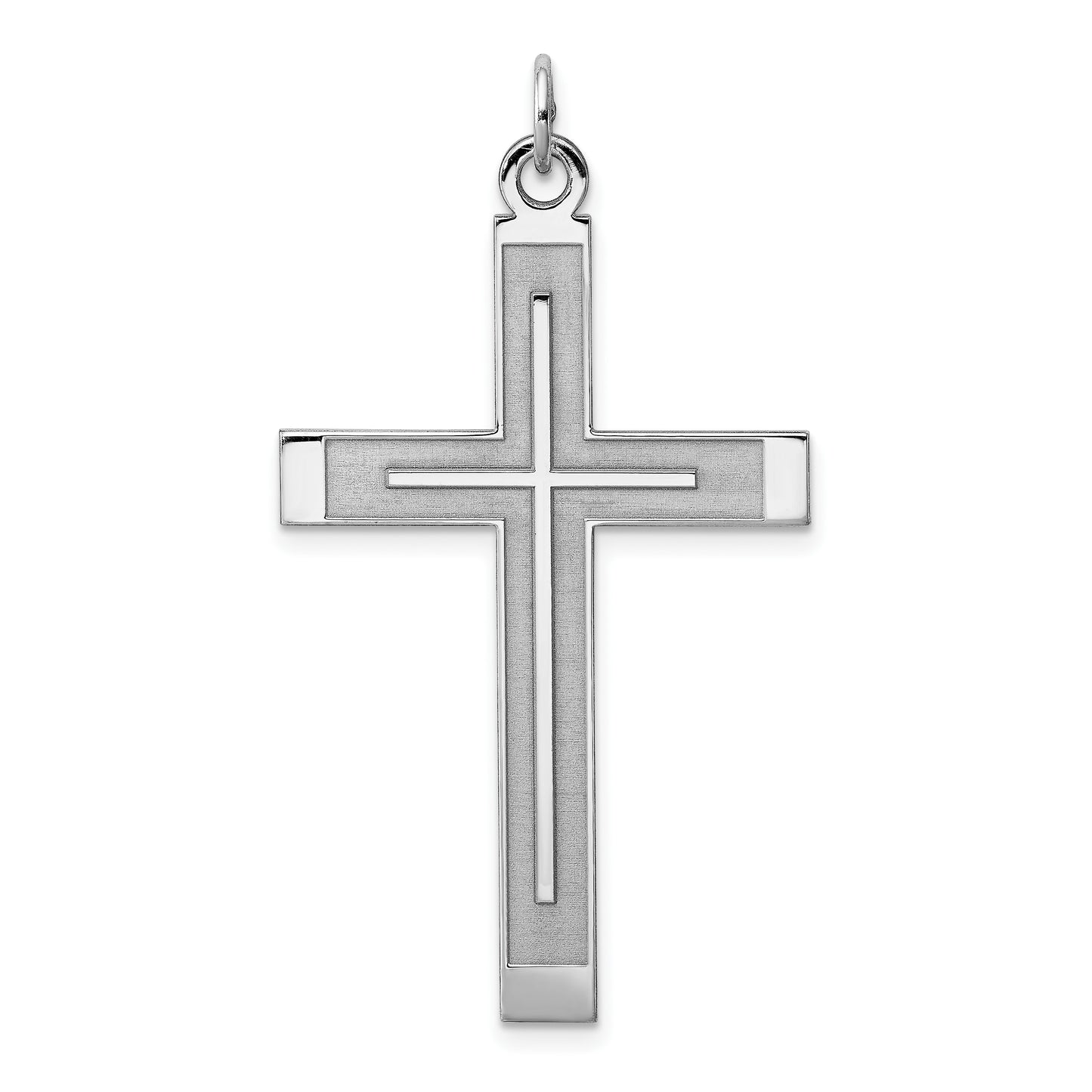 Sterling Silver Rh-plated Satin & Polished Laser Cut Cross Pendant