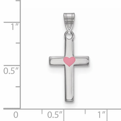 Sterling Silver Rhodium-plated Pink Enameled Heart Cross Charm