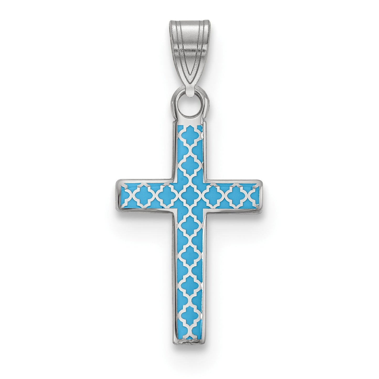 Sterling Silver Rhodium-plated Blue Enameled Cross Hatch Cross Charm