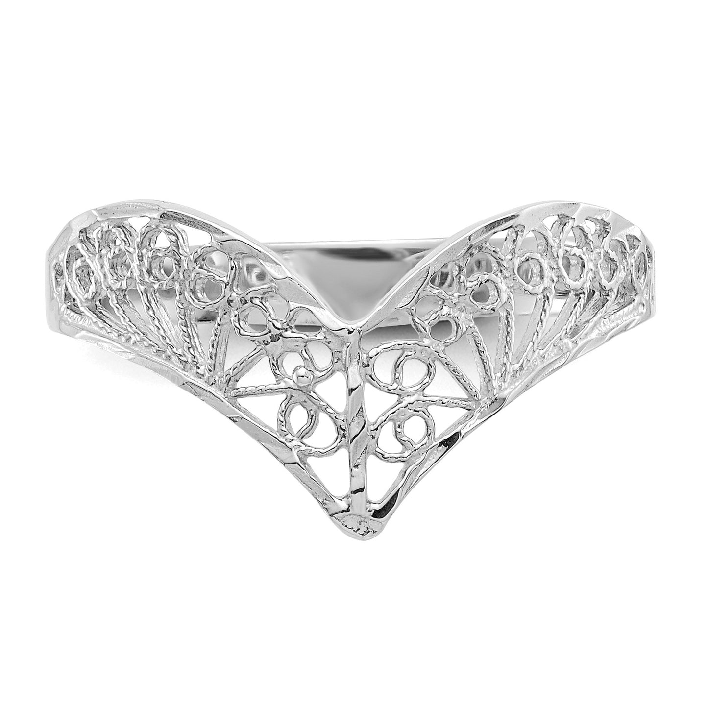 14k White Gold Diamond-Cut Filigree V-Shape Ring