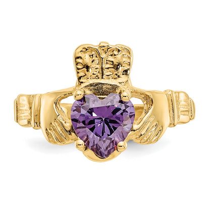 14k February CZ Heart Birthstone Claddagh Ring