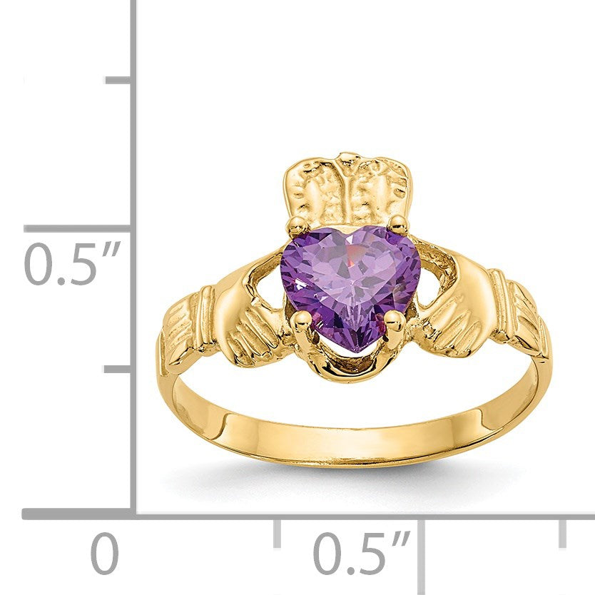 14k February CZ Heart Birthstone Claddagh Ring