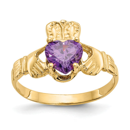 14k February CZ Heart Birthstone Claddagh Ring