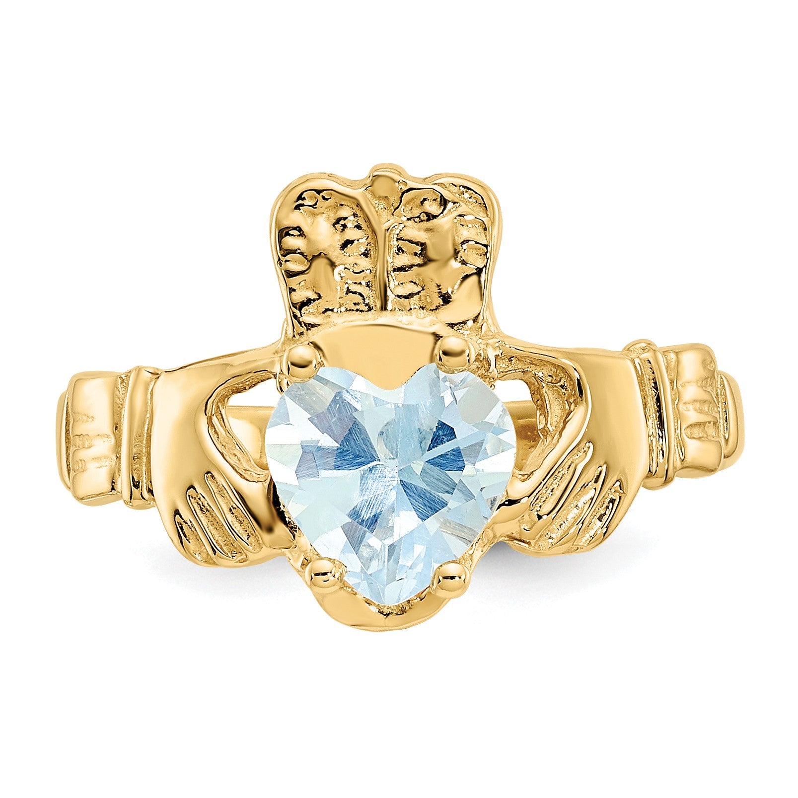 14k March CZ Heart Birthstone Claddagh Ring