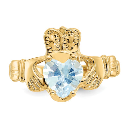 14k March CZ Heart Birthstone Claddagh Ring