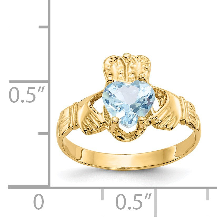14k March CZ Heart Birthstone Claddagh Ring