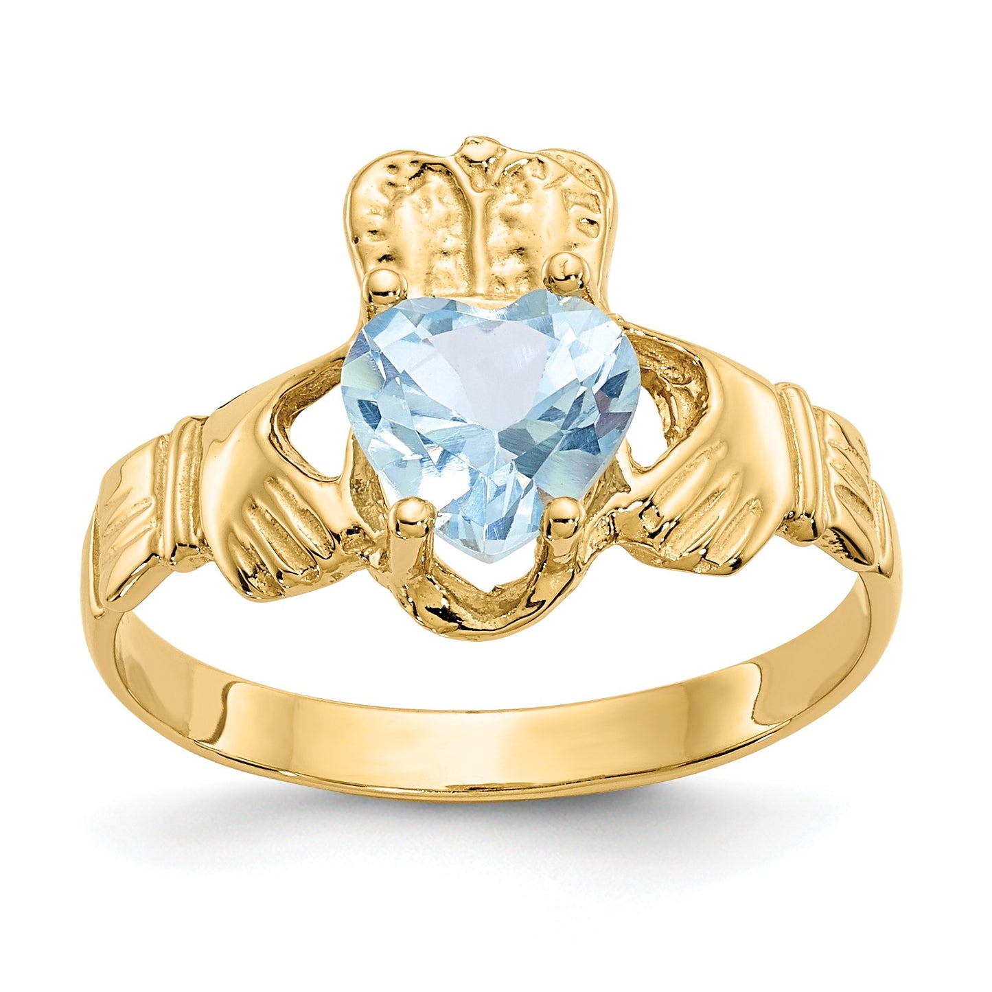 14k March CZ Heart Birthstone Claddagh Ring