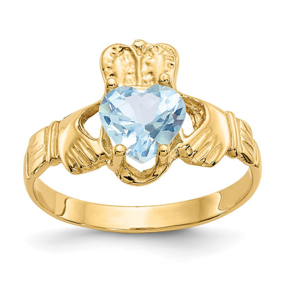 14k March CZ Heart Birthstone Claddagh Ring