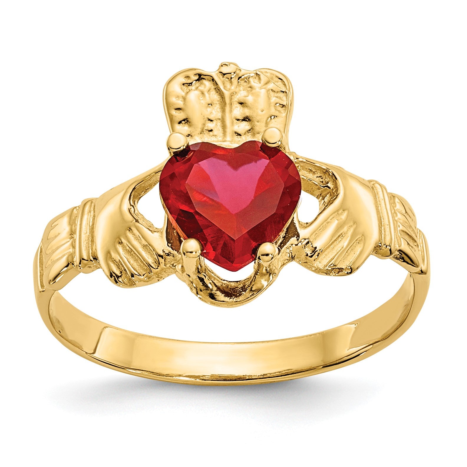 14k July CZ Heart Birthstone Claddagh Ring