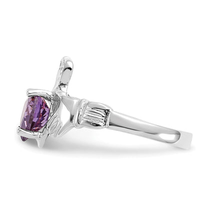 14k White Gold February CZ Heart Birthstone Claddagh Ring
