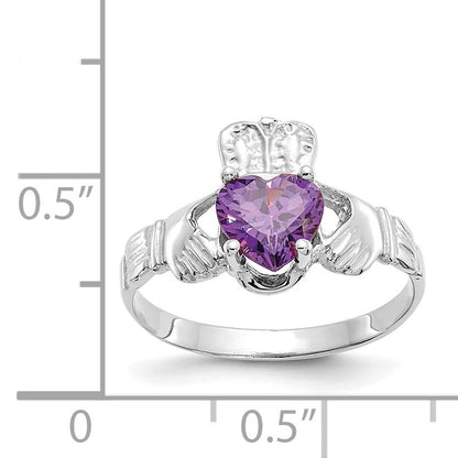 14k White Gold February CZ Heart Birthstone Claddagh Ring