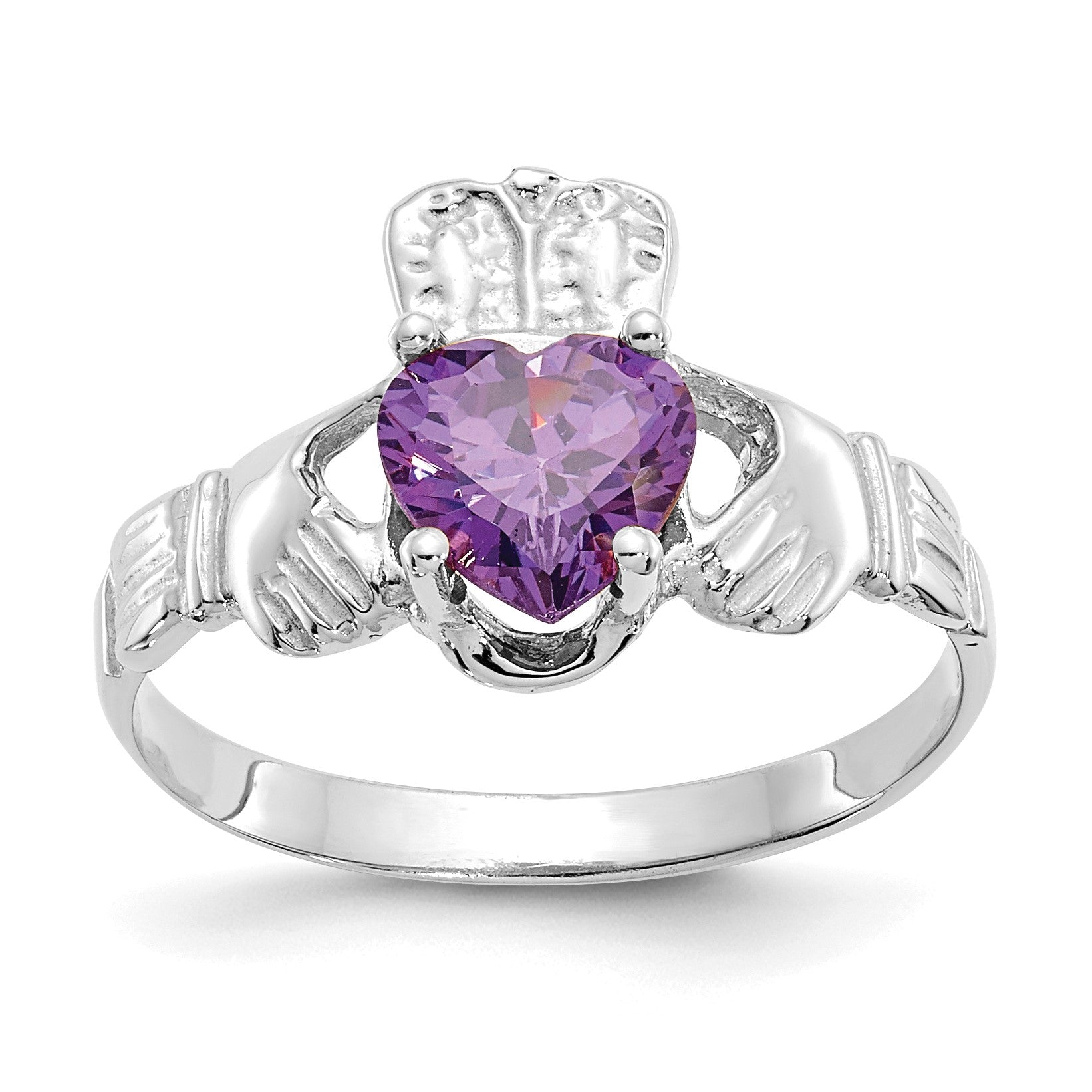 14k White Gold February CZ Heart Birthstone Claddagh Ring