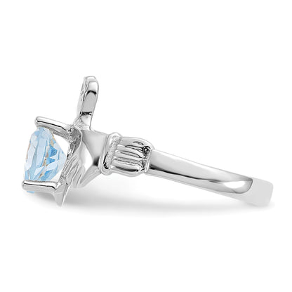 14k White Gold March CZ Heart Birthstone Claddagh Ring