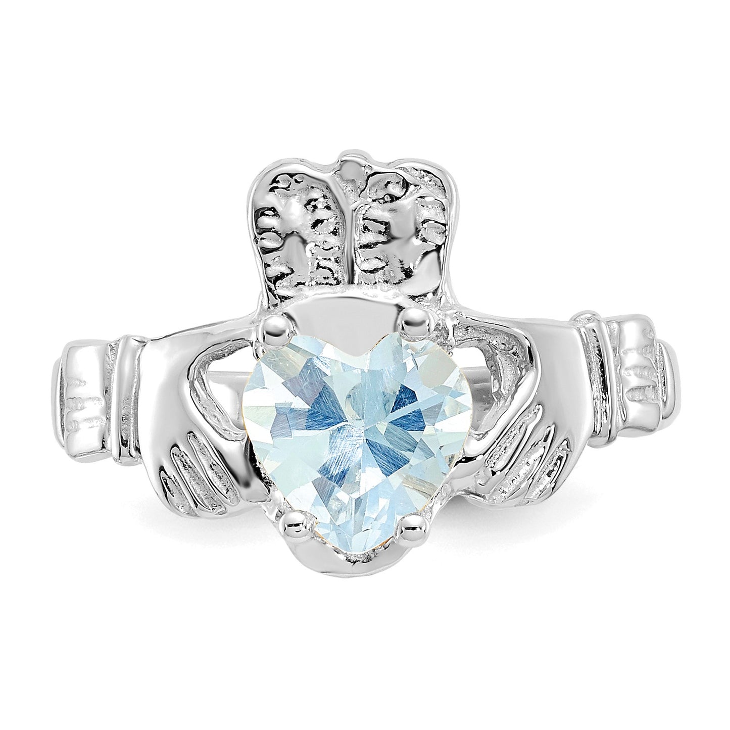 14k White Gold March CZ Heart Birthstone Claddagh Ring