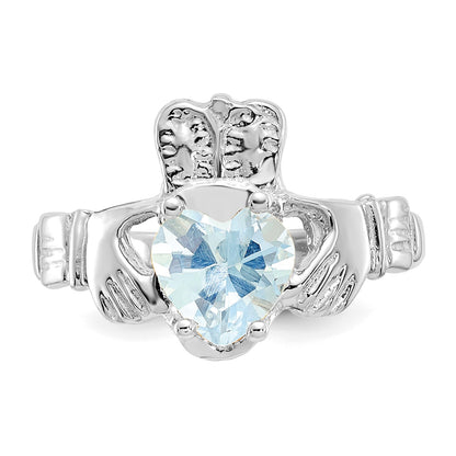14k White Gold March CZ Heart Birthstone Claddagh Ring