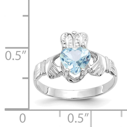 14k White Gold March CZ Heart Birthstone Claddagh Ring