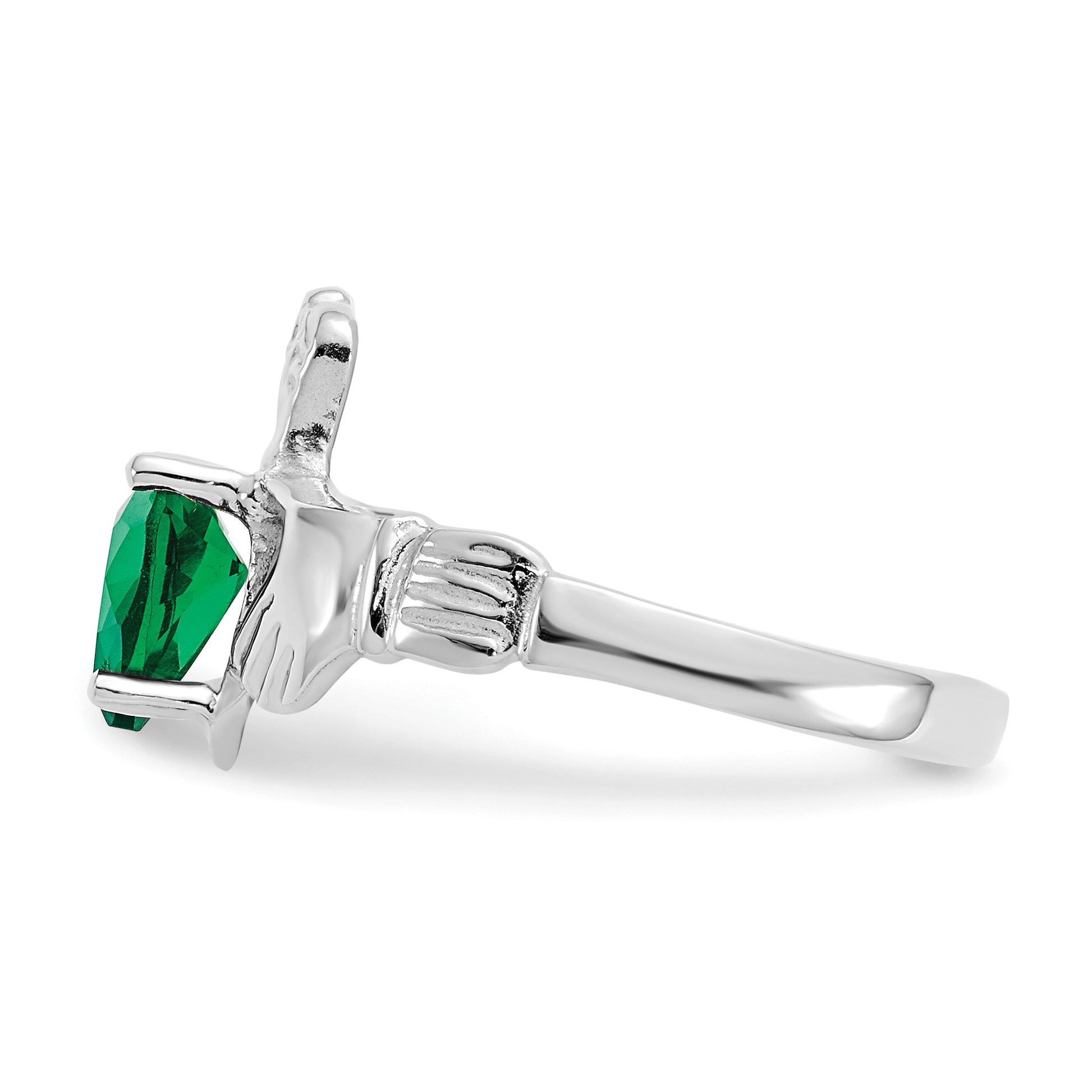 14k White Gold May CZ Heart Birthstone Claddagh Ring