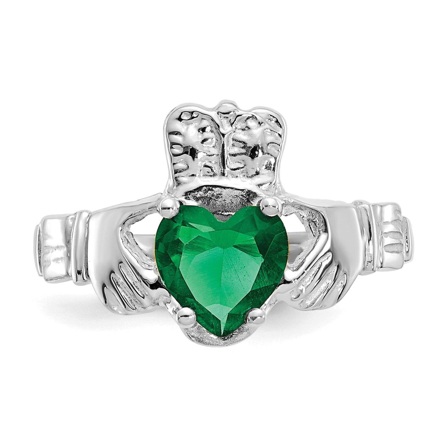 14k White Gold May CZ Heart Birthstone Claddagh Ring