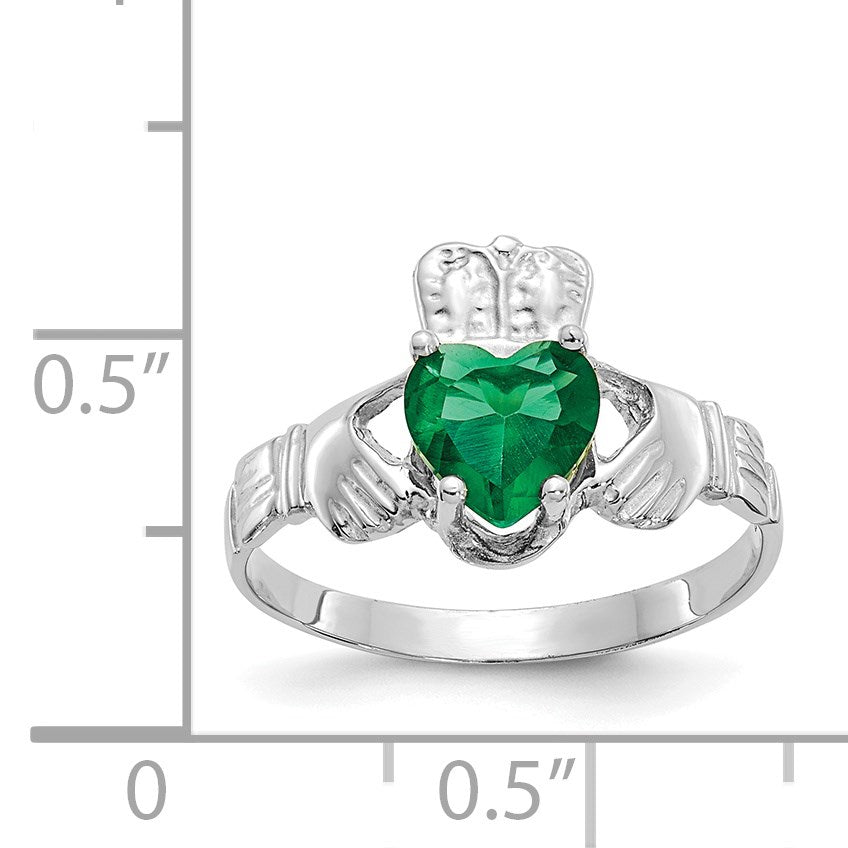 14k White Gold May CZ Heart Birthstone Claddagh Ring