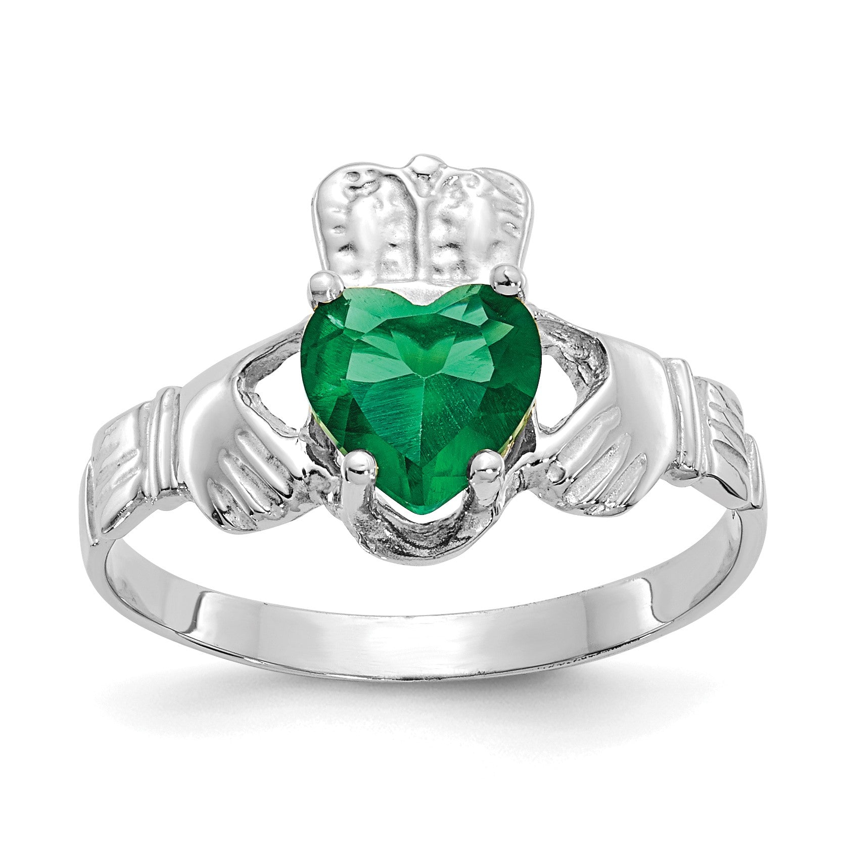 14k White Gold May CZ Heart Birthstone Claddagh Ring
