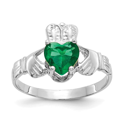 14k White Gold May CZ Heart Birthstone Claddagh Ring