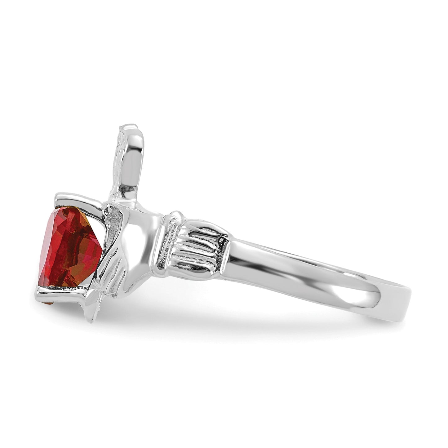 14k White Gold July CZ Heart Birthstone Claddagh Ring