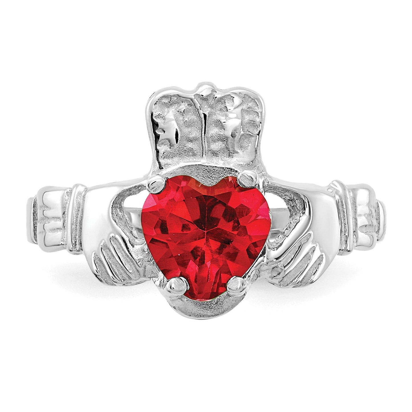14k White Gold July CZ Heart Birthstone Claddagh Ring