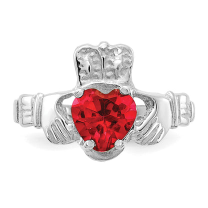 14k White Gold July CZ Heart Birthstone Claddagh Ring