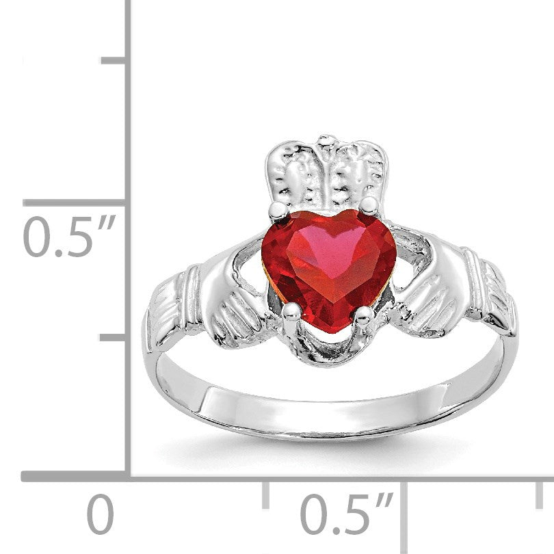 14k White Gold July CZ Heart Birthstone Claddagh Ring