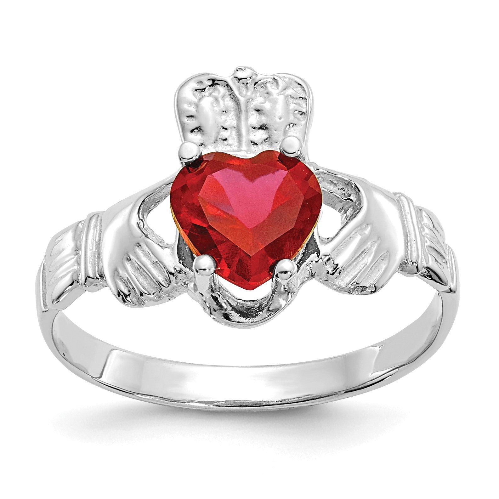 14k White Gold July CZ Heart Birthstone Claddagh Ring