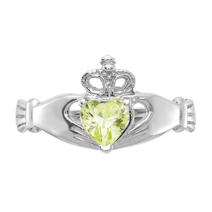 14k White Gold August CZ Heart Birthstone Claddagh Ring