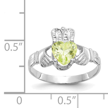 14k White Gold August CZ Heart Birthstone Claddagh Ring