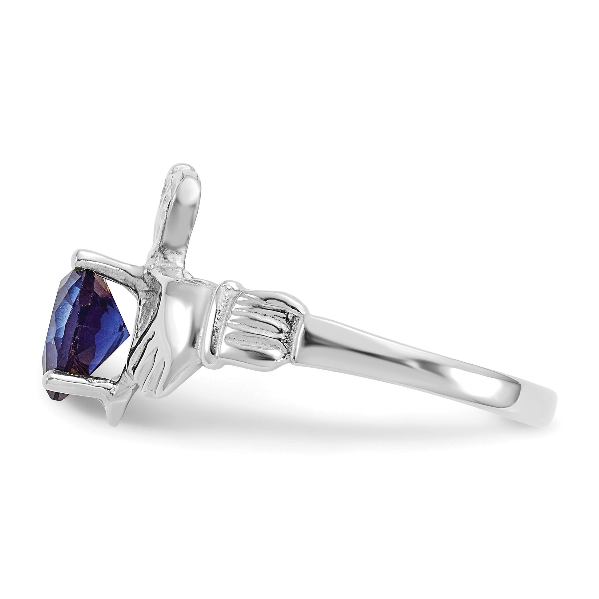 14k White Gold September CZ Heart Birthstone Claddagh Ring