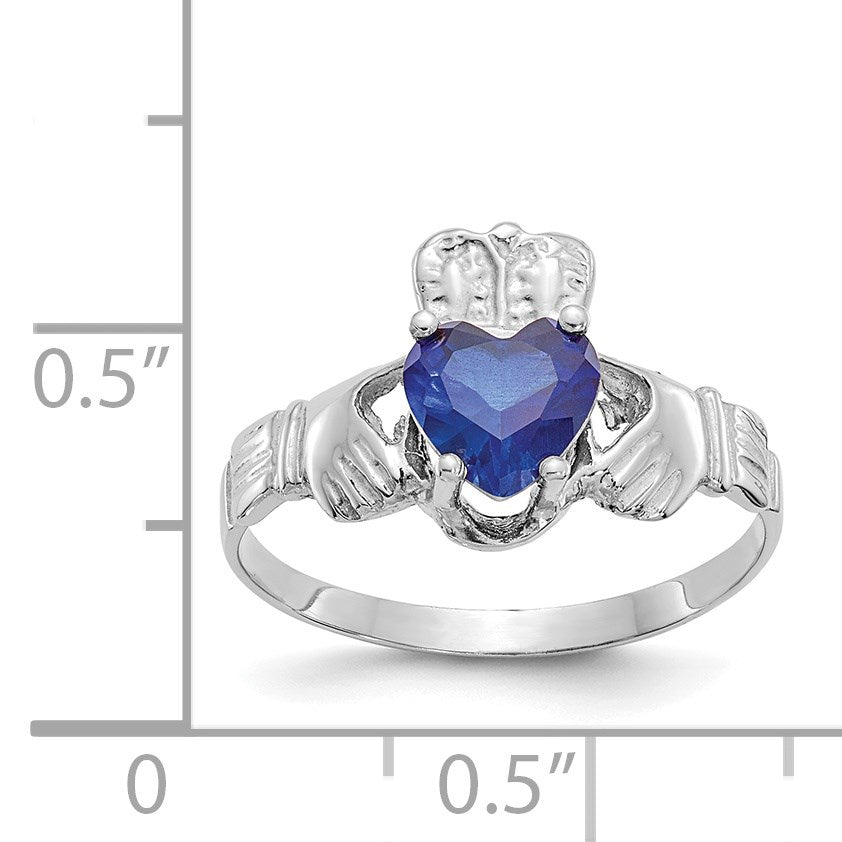 14k White Gold September CZ Heart Birthstone Claddagh Ring