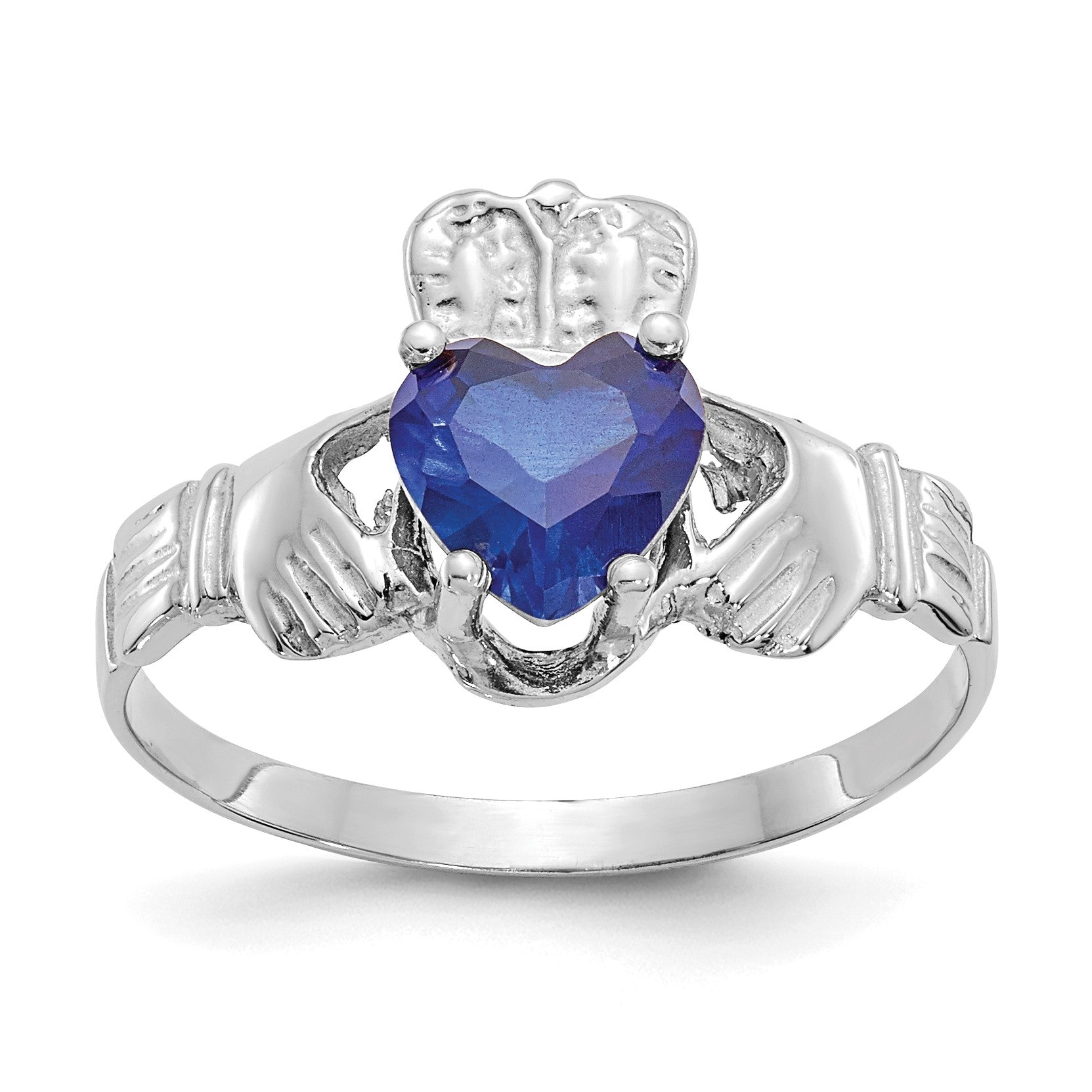 14k White Gold September CZ Heart Birthstone Claddagh Ring