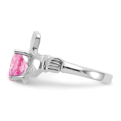 14k White Gold October CZ Heart Birthstone Claddagh Ring