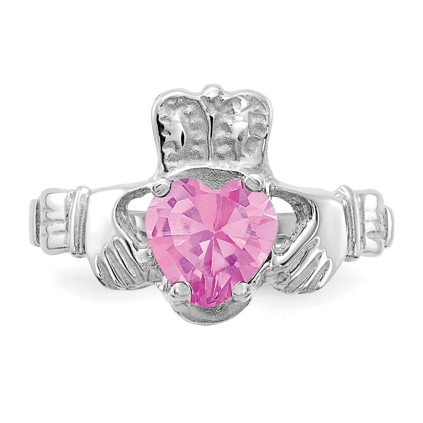 14k White Gold October CZ Heart Birthstone Claddagh Ring