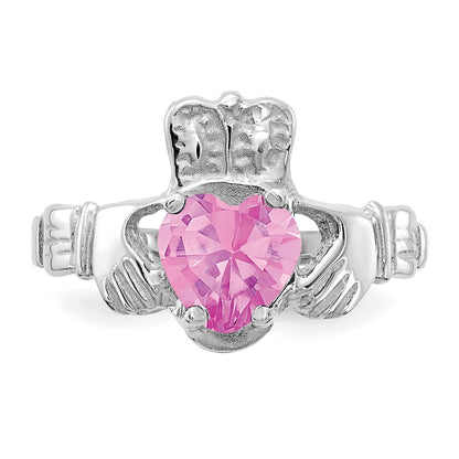 14k White Gold October CZ Heart Birthstone Claddagh Ring