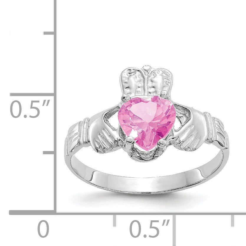 14k White Gold October CZ Heart Birthstone Claddagh Ring