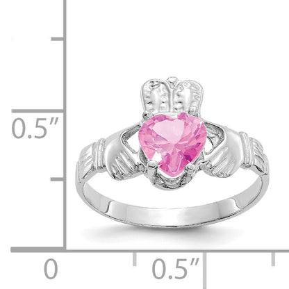 14k White Gold October CZ Heart Birthstone Claddagh Ring